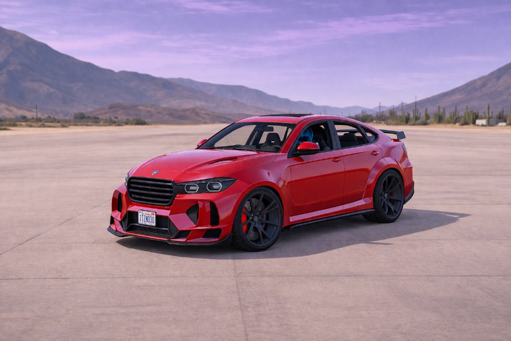 REBLAX6 — red widebody sports sedan